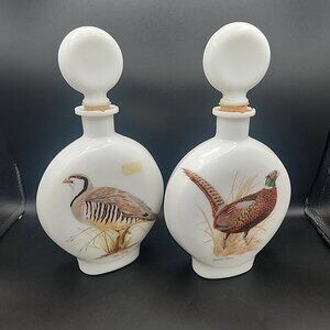 2 Jim Beam Decanters Field Birds Ringneck Chukar Partridge Milk Glass Vtg